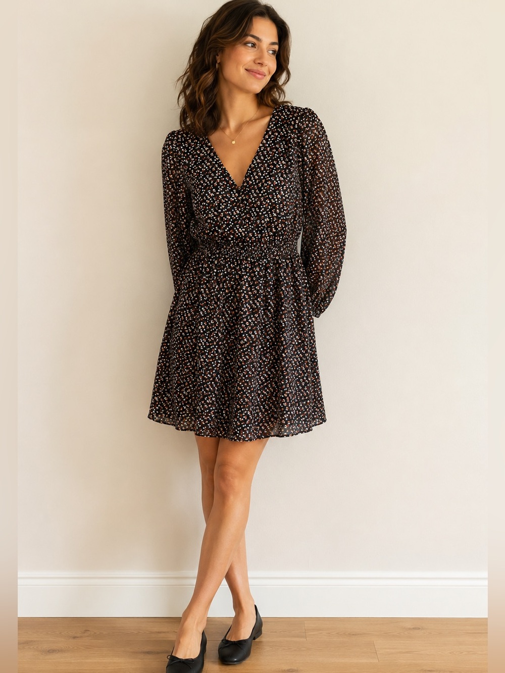 Madewell Black Floral V-Neck Dress With Chiffon Sleeves - Size XS